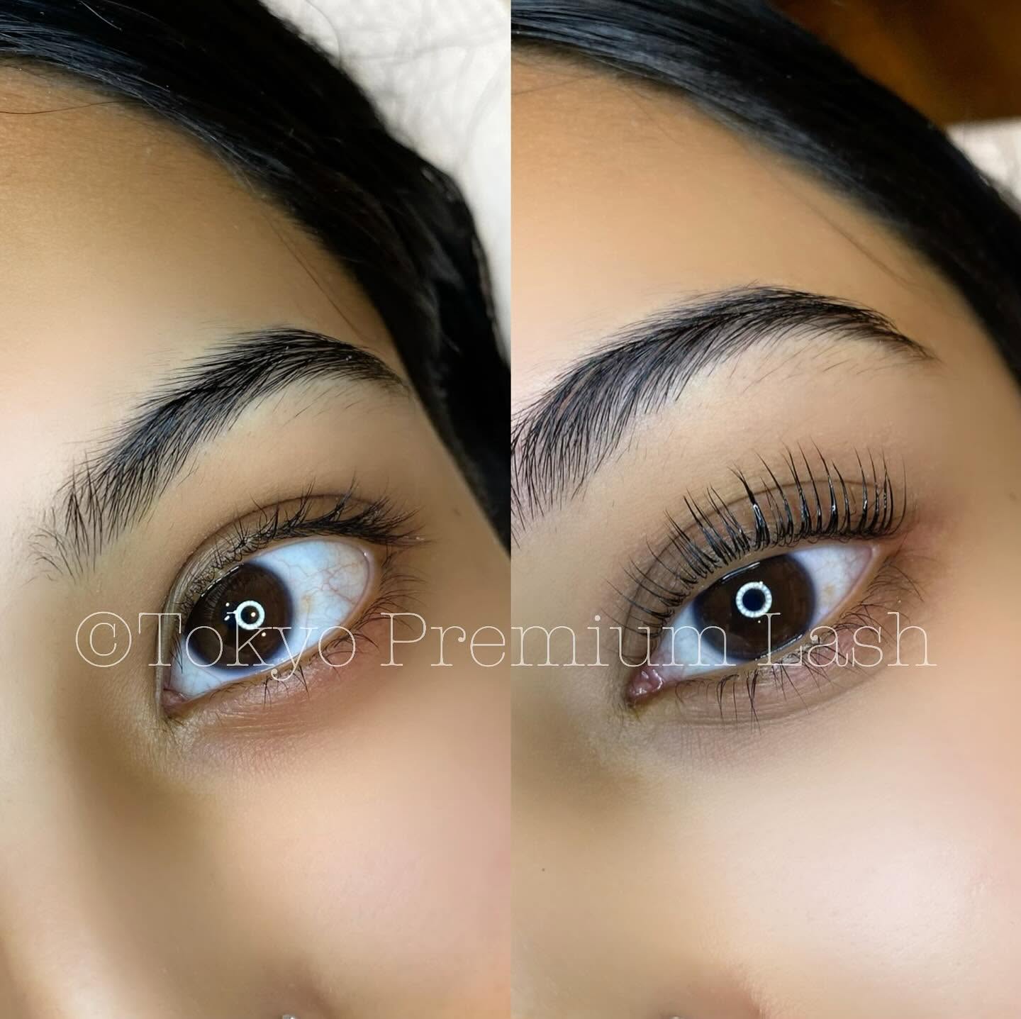 Before and after classic lash extensions on dark lashes