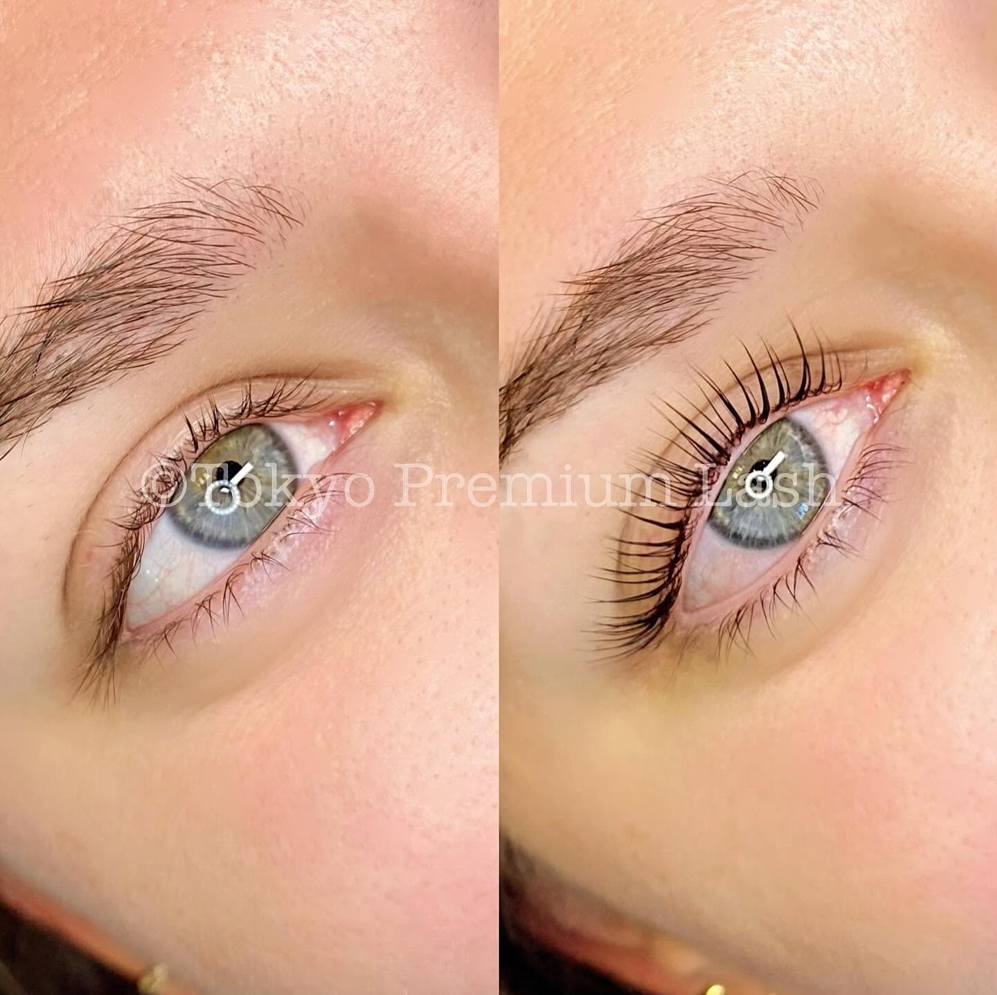 Before and after hybrid lash extensions with defined fullness