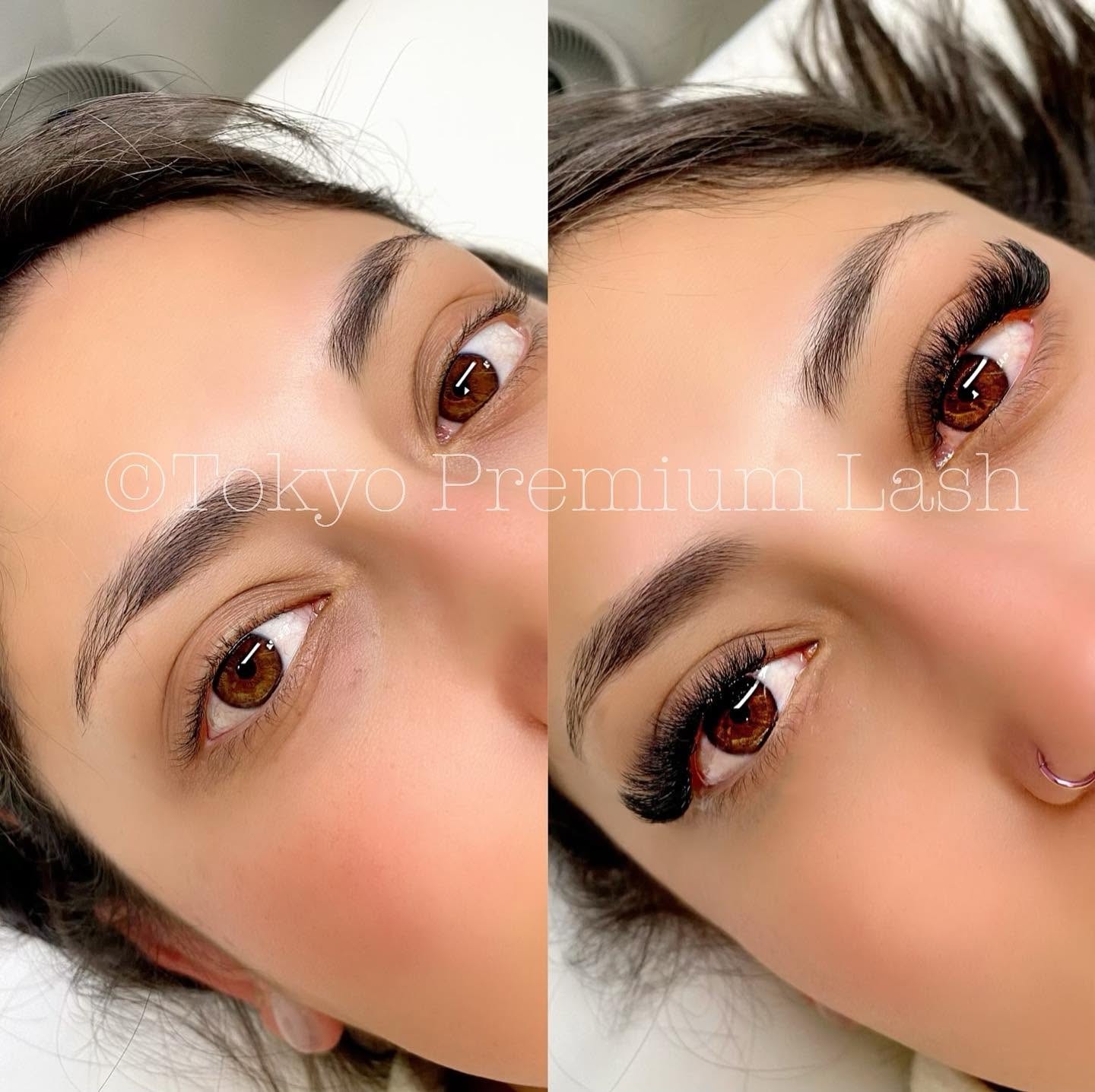 Before and after dramatic volume lash extensions
