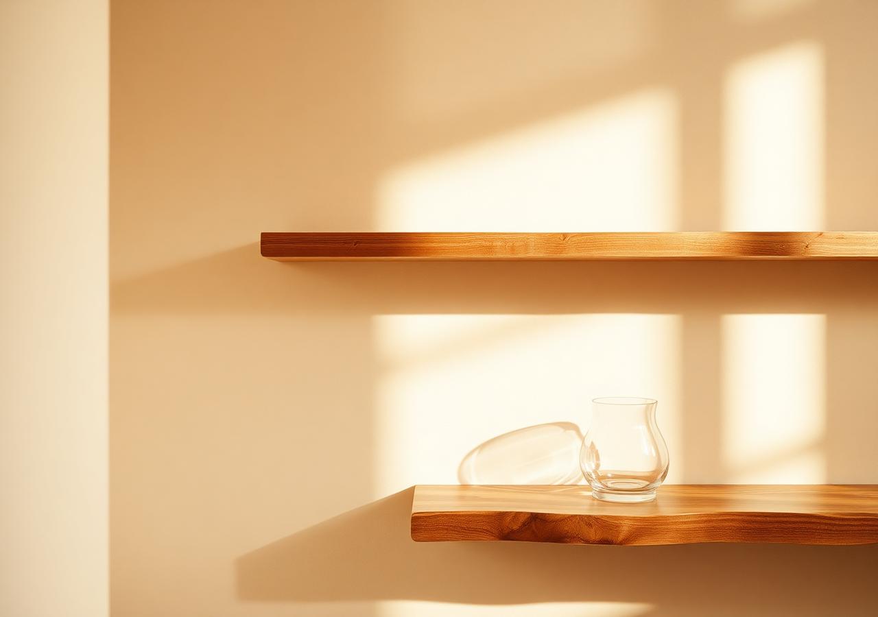 Sunlit wooden shelf with a glass vessel inside the studio