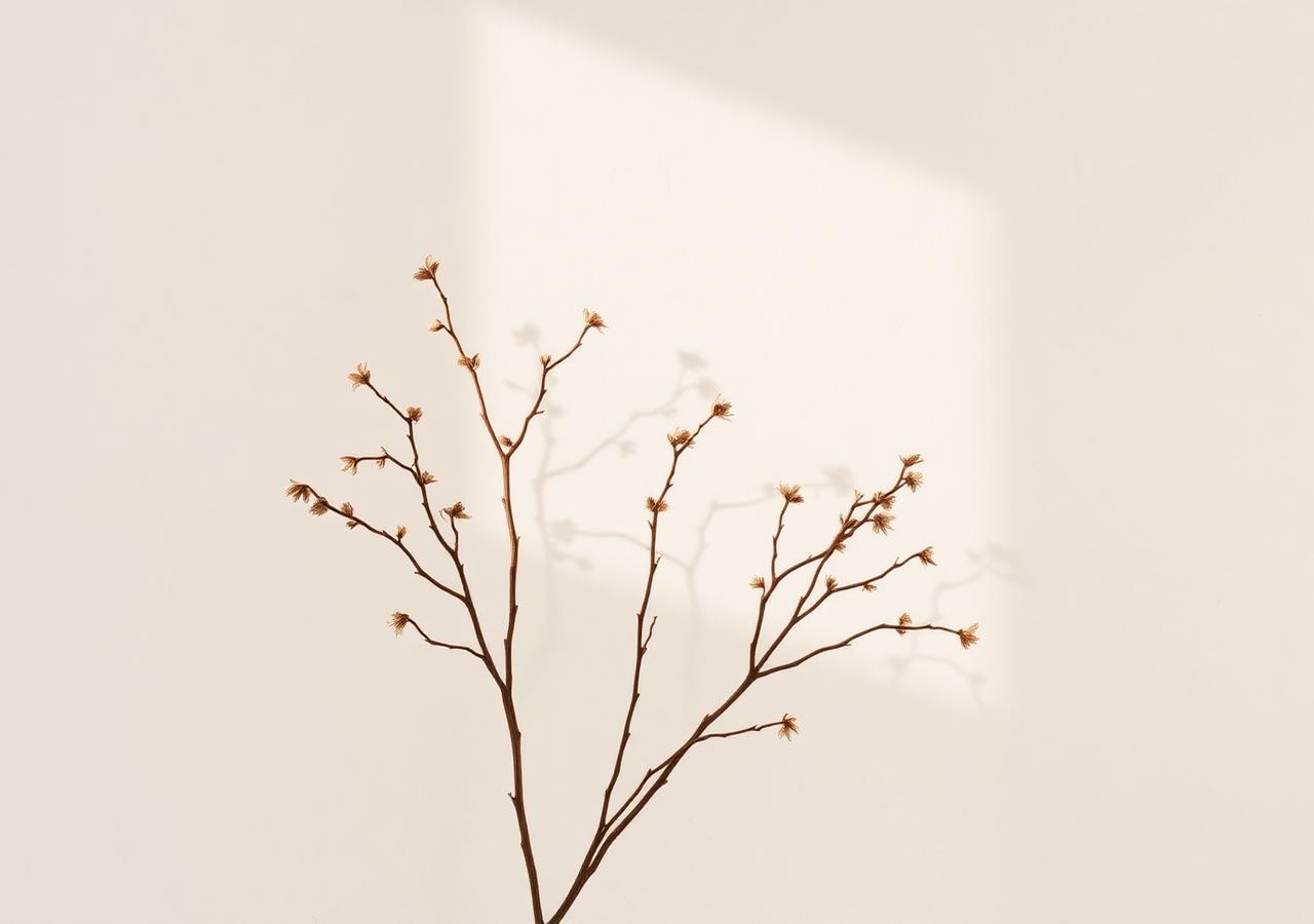 Dried botanical branches casting soft shadows on a cream wall